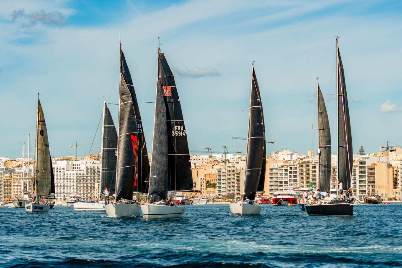 Yachts at the start of the Yachting Malta Coastal Race, Marsamxett Harbour, October 2020