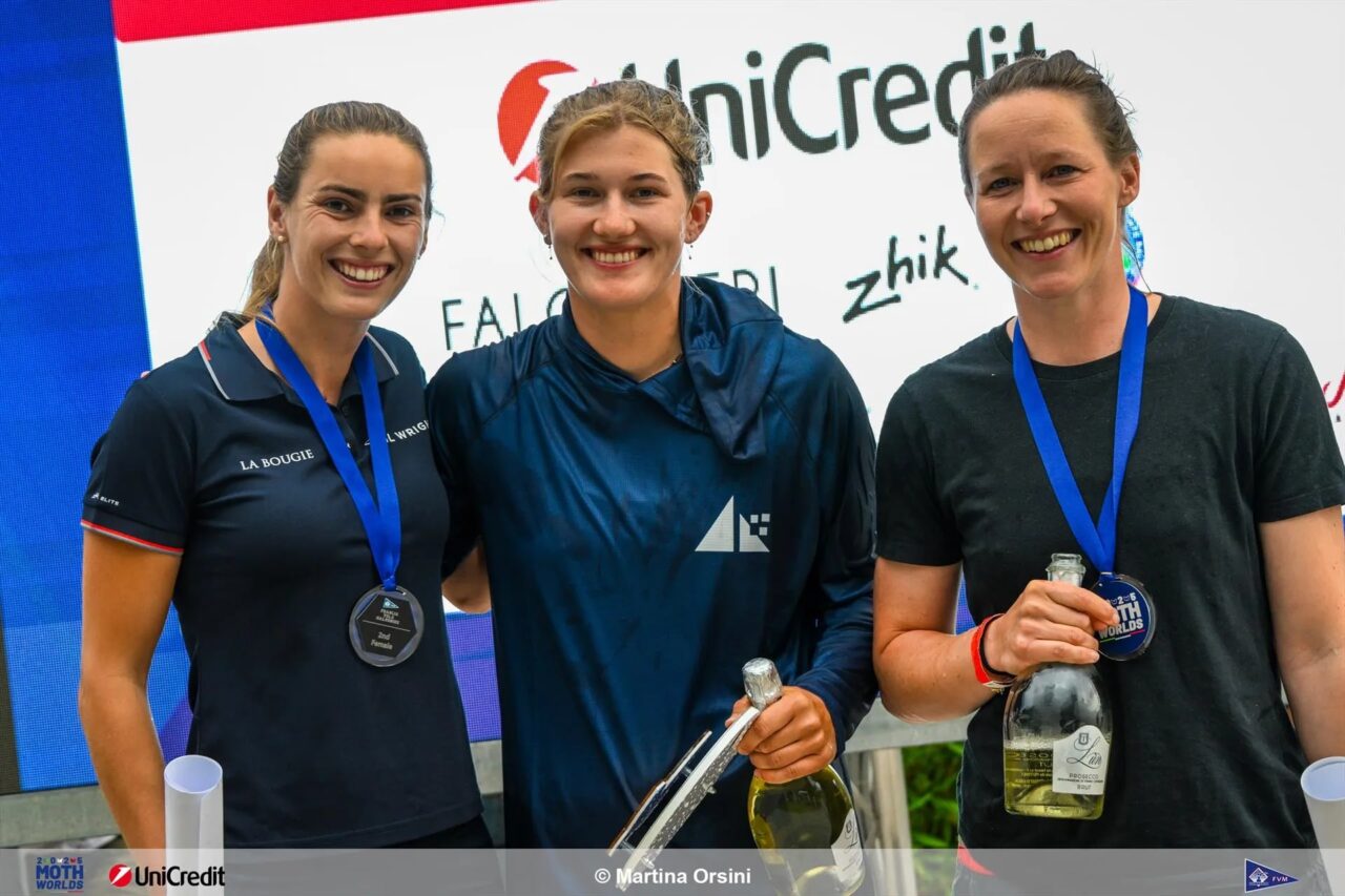 The women’s podium at the 2025 Moth World Championship, Lake Garda