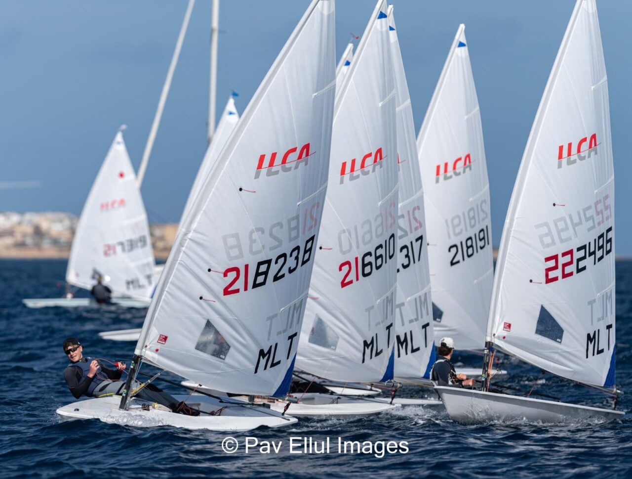 ILCA dinghies racing at the Yachting Malta Birżebbuġa International Regatta
